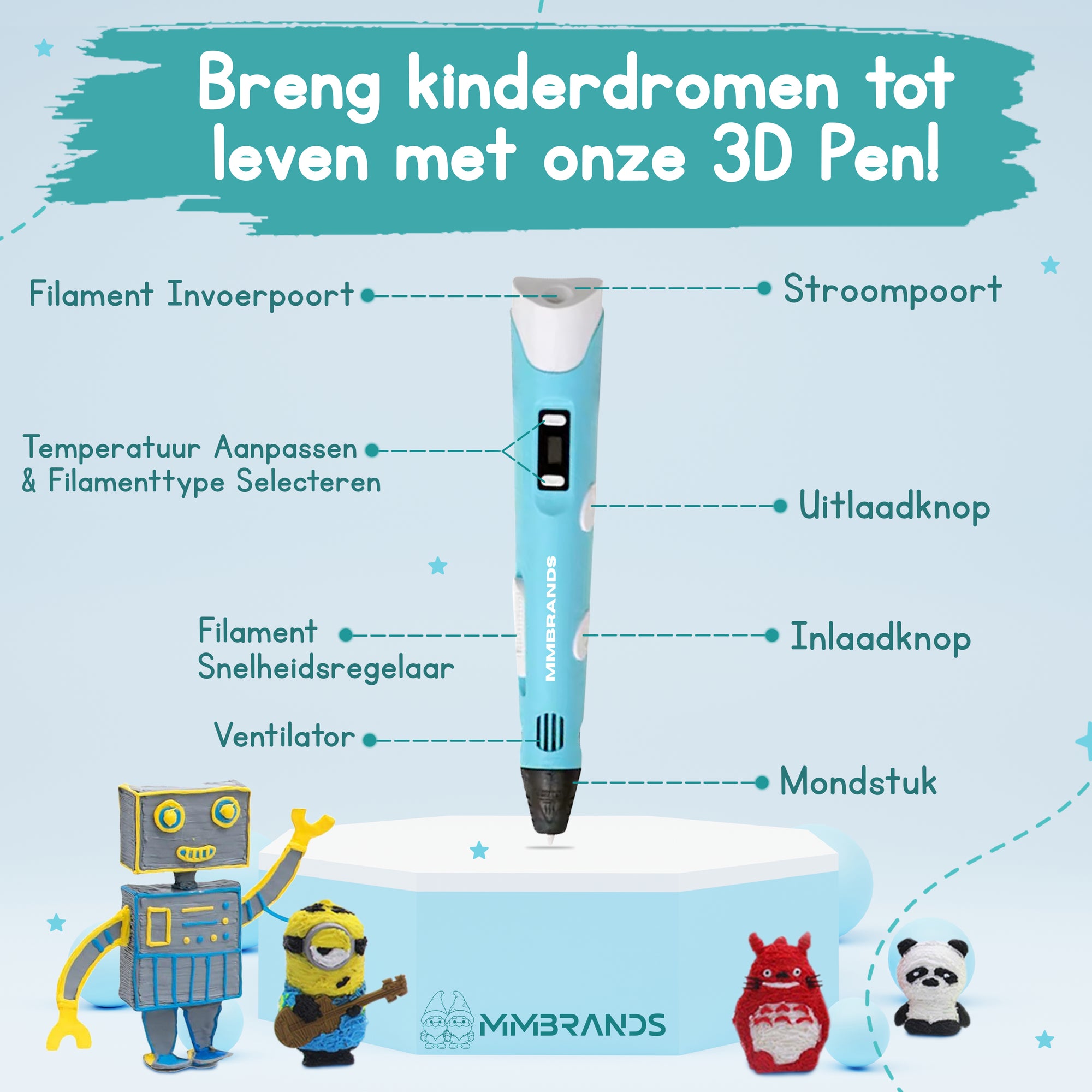 3D Pen Startpaket - 100M Filament - 10 Färger - Blå