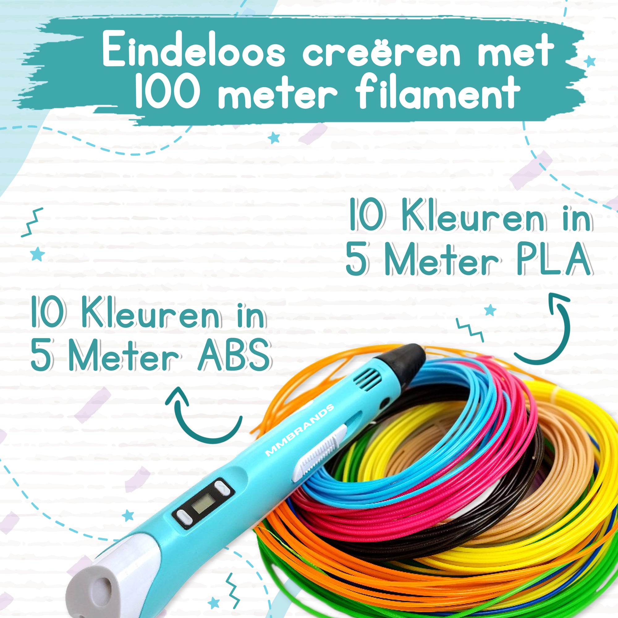 3D Pen Startpaket - 100M Filament - 10 Färger - Blå